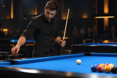 AI illustration of a pool player setting aside a lucky charm and focusing on a shot routine