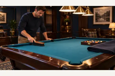 Editorial illustration of an owner gently brushing pool-table cloth with balls stored and a fitted cover ready nearby