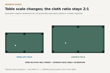 Precisely proportioned blank-canvas comparison of two six-pocket playing fields with matching two-to-one cloth ratios and equivalent relative ball marks