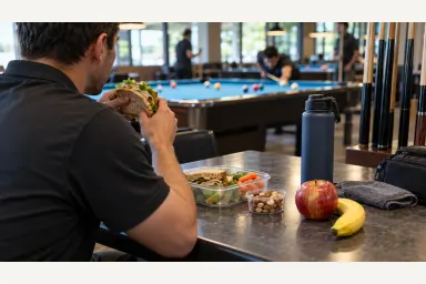 Pool player between matches with water, a packed sandwich, fruit and a small snack beside an unbranded cue case