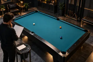 Anonymous player reviewing blank planning notes beside an unmarked pool table with one white cue ball and two object balls