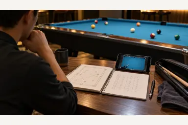Player calmly reviewing a pool layout sketch, score sheet and overhead match video after play