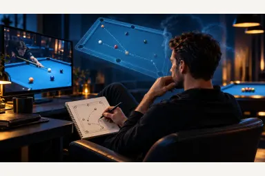 Illustration of a pool player studying a match route and visualizing a cue-ball path beside a notebook away from the table