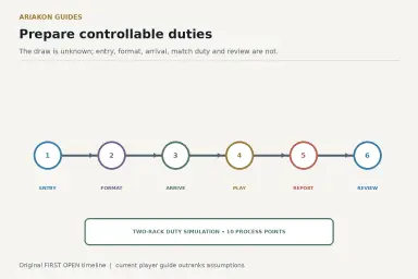 A first open event timeline covering player packet, arrival, warm-up, match duties and post-event review