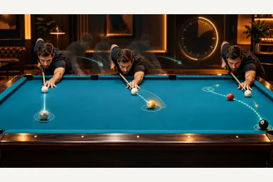 Illustration of a pool player moving through several simple shot stations with a subtle timer motif