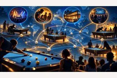 Editorial illustration of pool tables linked across a world map with event, community and audience symbols