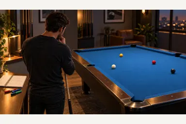 Illustration of a pool player calmly studying a simple table layout beside a practice notebook