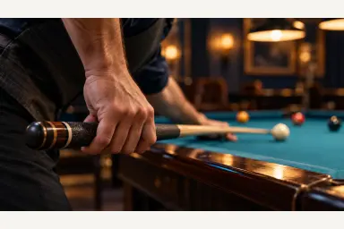 Editorial close-up of a pool player cradling a cue with a relaxed rear hand while the wrist hangs naturally