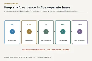 Five-column cue-shaft evidence matrix separating specifications, claims, fit, care and written service terms