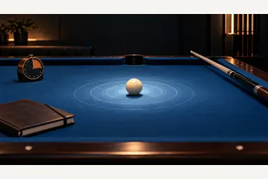 Conceptual illustration of a cue ball, quiet focus rings, a timer and a notebook on a pool table
