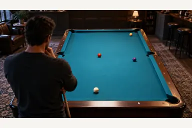 Pool player standing behind a table to compare the current stationary ball layout before choosing a shot
