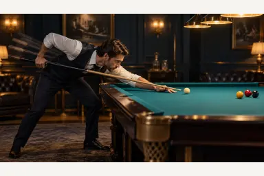 Side-view editorial illustration of a pool player pausing calmly at the end of a smooth controlled backswing