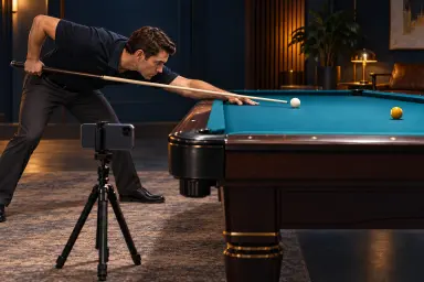 Generic player with one solid cue, one white cue ball, one colored target and a phone on an off-table tripod
