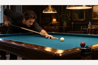 Editorial side view of a player using a balanced stance and compact cue motion for a short soft pool shot