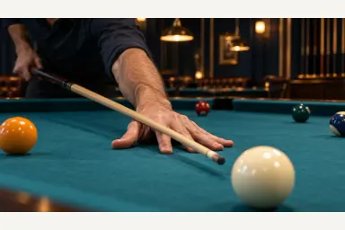 Editorial close-up of a relaxed open bridge hand forming a broad stable base on teal pool-table cloth