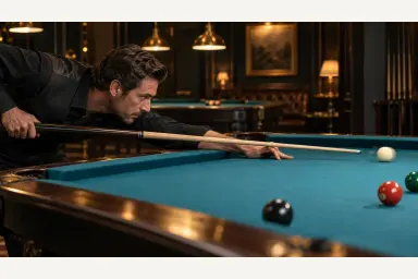Editorial side profile of a pool player holding a balanced, still finish after a straight shot