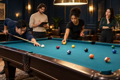 AI illustration of four adult teammates rotating through a structured pool practice session