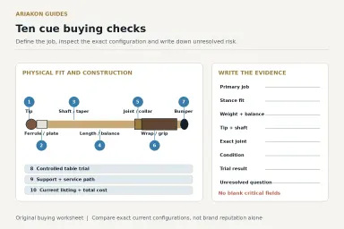 Pool cue buying worksheet diagram with ten numbered inspection checkpoints from tip to bumper and listing verification