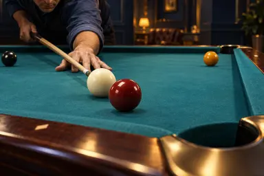 Generic player address scene with one white cue ball and colored object balls on a pocket table