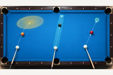 Overhead illustration showing a broad position zone, a line of position and a precise cue-ball target