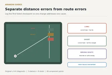 Cue-ball route diagram with short, target and long distance bands plus a separate wrong-route diagnosis card