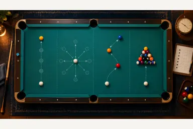 Top-down editorial illustration of a pool table divided into timed practice zones beside a simple analog clock and score sheet