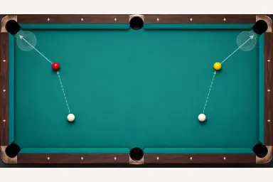 Top-down pool table with mirrored left-side and right-side shot paths and landing zones