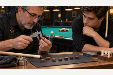 Unbranded cue technician measuring several compressed single-piece leather cue tips at a workbench