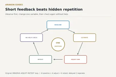A short practice feedback loop moving from baseline to error estimate, one adjustment, retest and delayed check