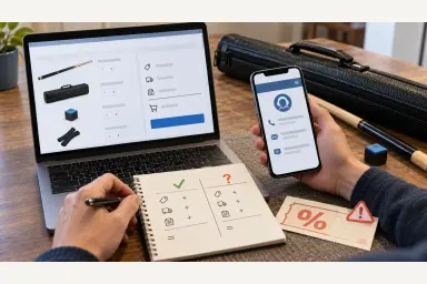 Shopper comparing a generic pool equipment cart, seller contact page and total-cost notes beside a coupon card