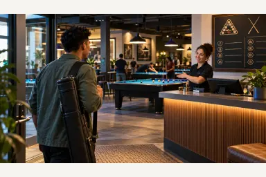 Player checking in with staff and observing the layout of an unfamiliar welcoming poolroom