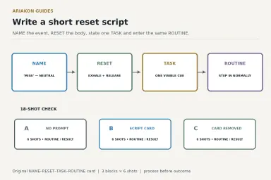 Four-line pool self-talk card reading name, reset, task and routine beside an eighteen-shot pressure practice log